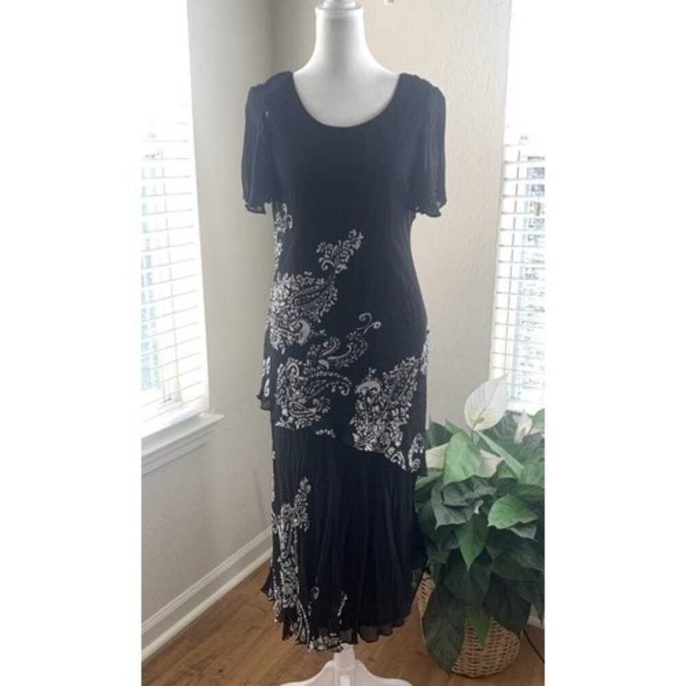 Vintage Y2K Slip Dress Black Ivory Floral Beaded Ruffle Midi Eva Blue Petite 8 P